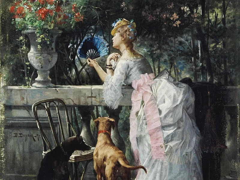 1847-Edmond Louis Dupain - Donna al parco con i cani